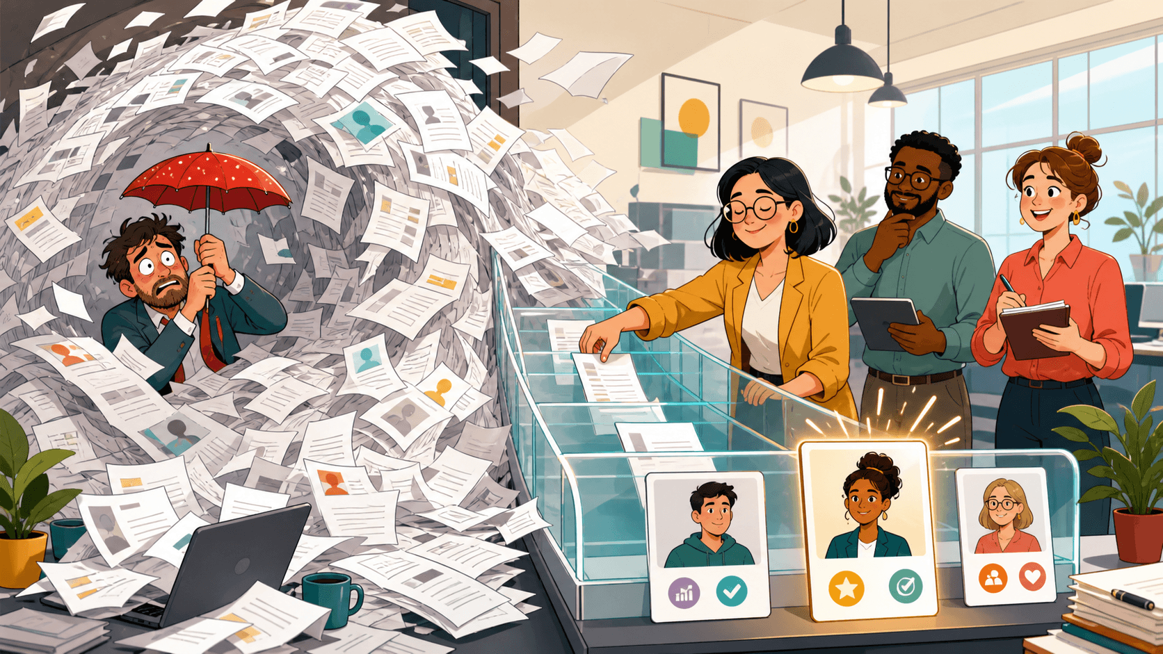Cartoon showing a hiring team turning an avalanche of resumes into a clear shortlist of candidate evidence.